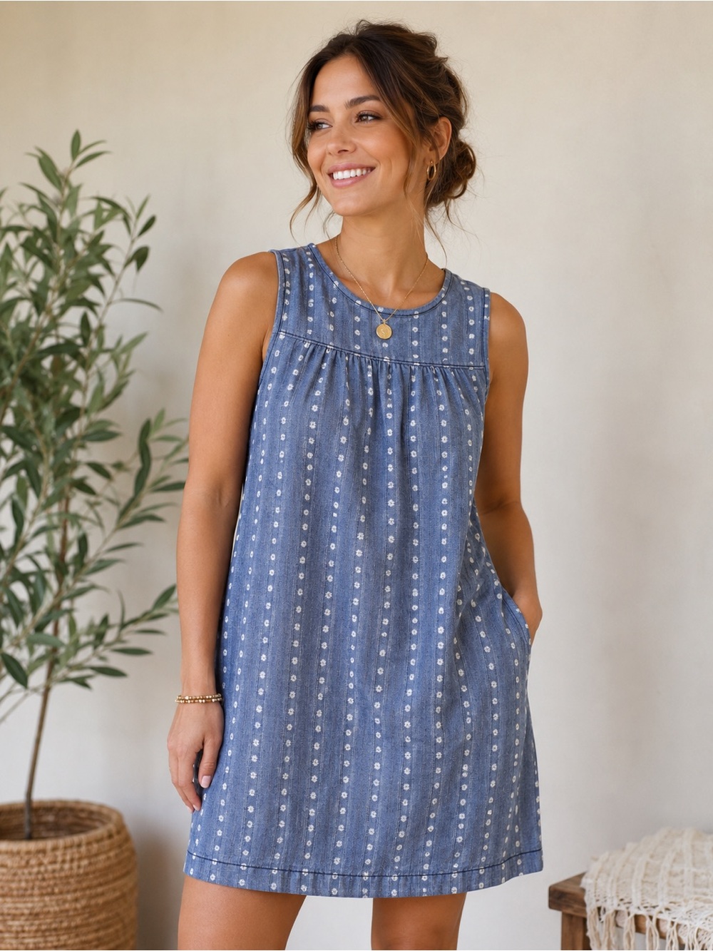 Rachel Zoe 100% Linen Sleeveless Shift Dress Blue Printed Mini Dress S